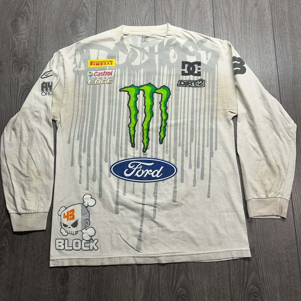 DC Shoes Ken Block 43 Monster Energy Ford Large Long Sleeve Shirt White Mens Y2k